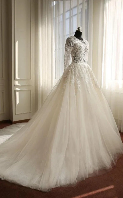 Luolandi A-Line Long Sleeve Bell Beading Appliques Flower Zipper Keyhole Tulle Lace Dress Beautiful