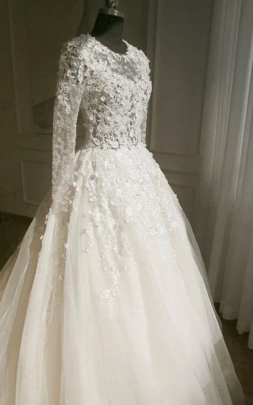 Luolandi A-Line Long Sleeve Bell Beading Appliques Flower Zipper Keyhole Tulle Lace Dress Beautiful