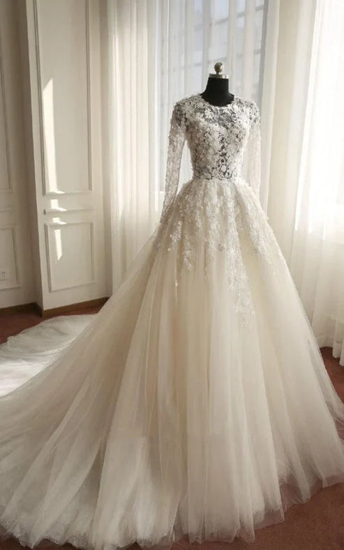 Luolandi A-Line Long Sleeve Bell Beading Appliques Flower Zipper Keyhole Tulle Lace Dress Beautiful