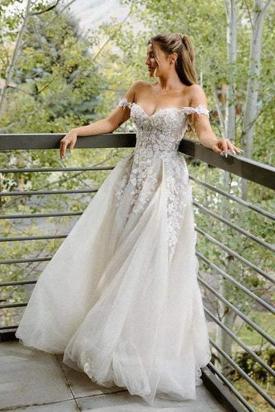 Luolandi Elegant A Line Off the Shoulder Appliques Long Wedding Dresses Bridal Gown Beautiful