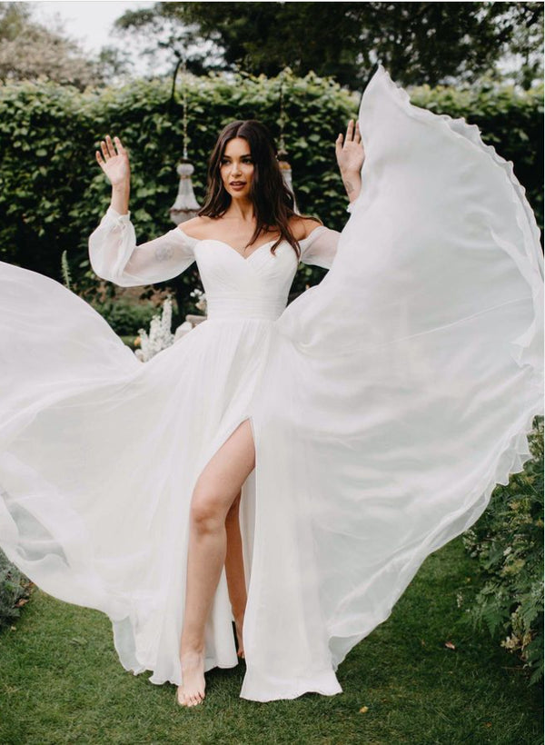 Luolandi A-Line Off-The-Shoulder Long Sleeves Wedding Dresses With Chiffon Slit Sexy