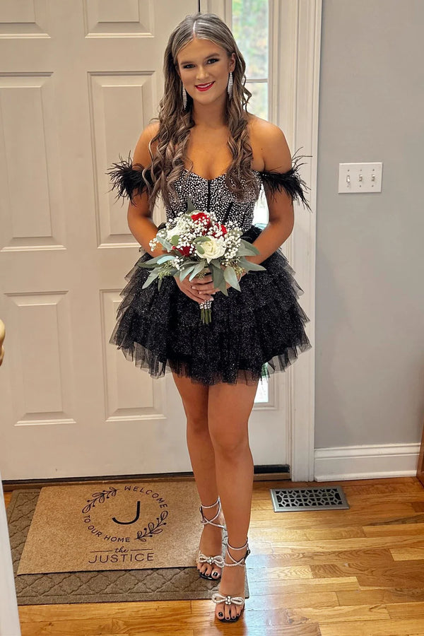 Luolandi A Line Off the Shoulder Homecoming Dress with Beading Sparkly Party Dress