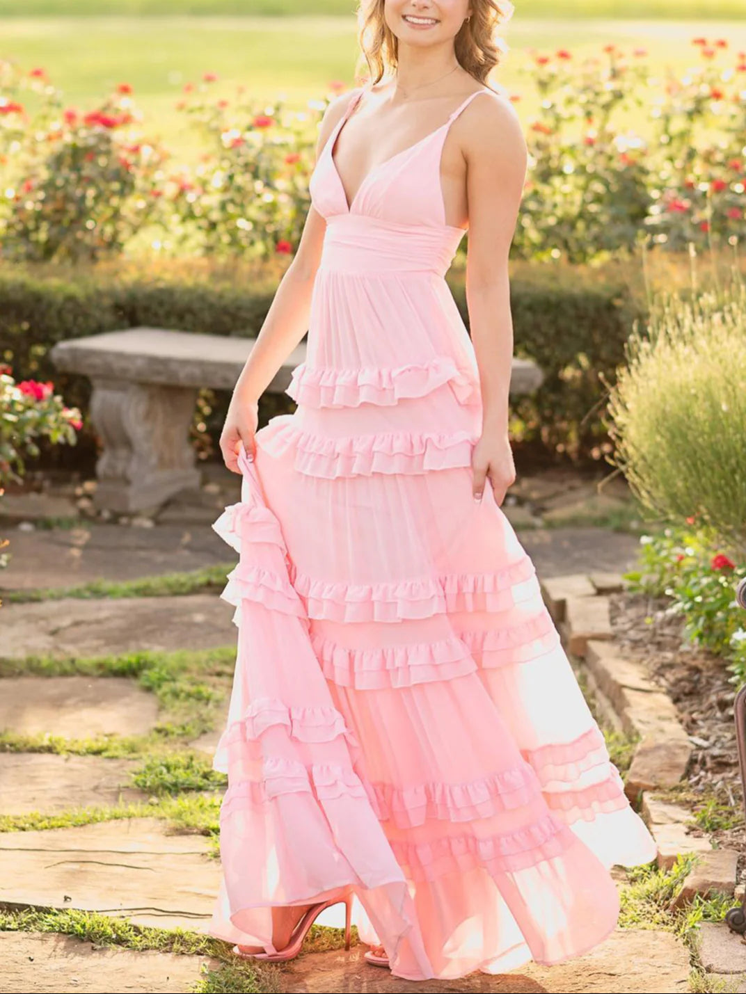 Luolandi A Line Pink Chiffon Tiered Ruffles Long Prom Dress Charming Bridesmaid Dress Party Dress