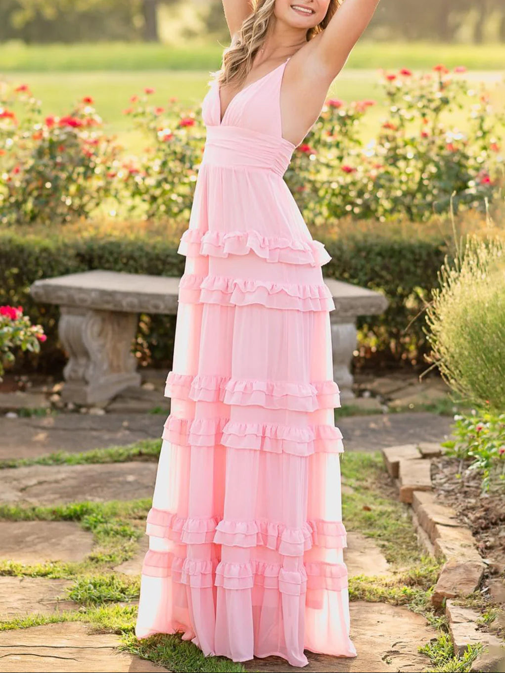 Luolandi A Line Pink Chiffon Tiered Ruffles Long Prom Dress Charming Bridesmaid Dress Party Dress