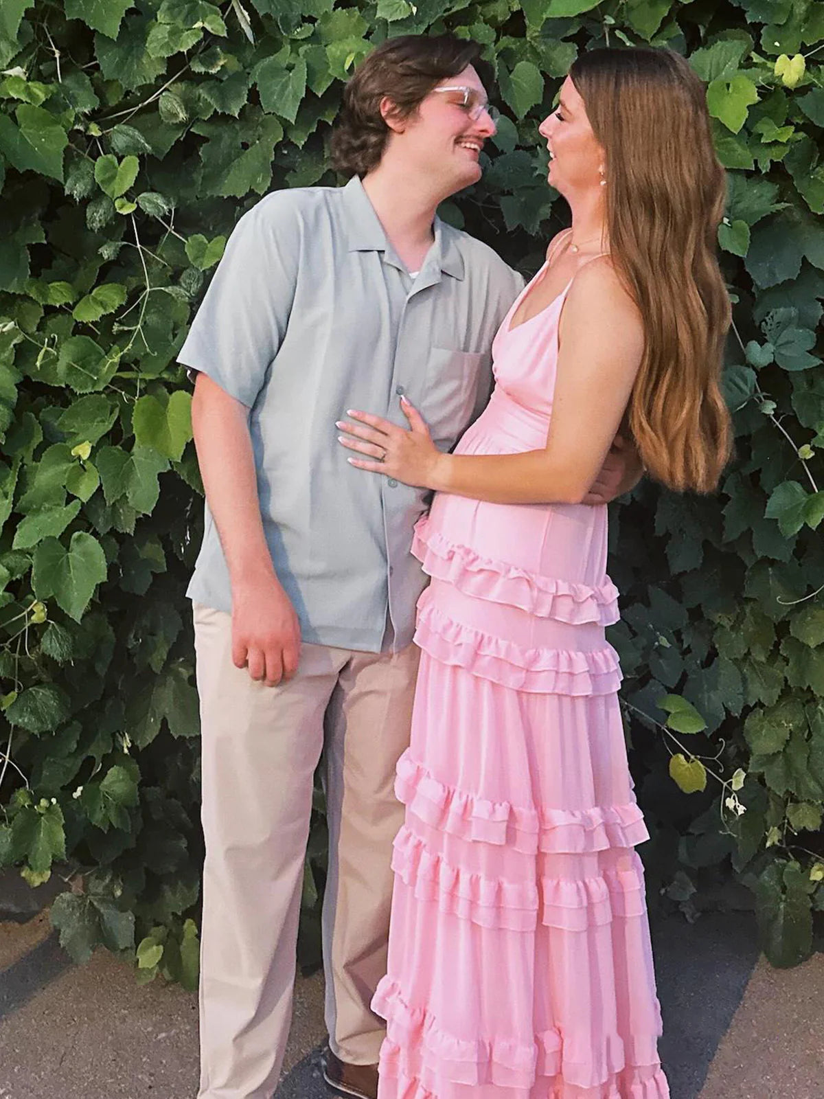 Luolandi A Line Pink Chiffon Tiered Ruffles Long Prom Dress Charming Bridesmaid Dress Party Dress