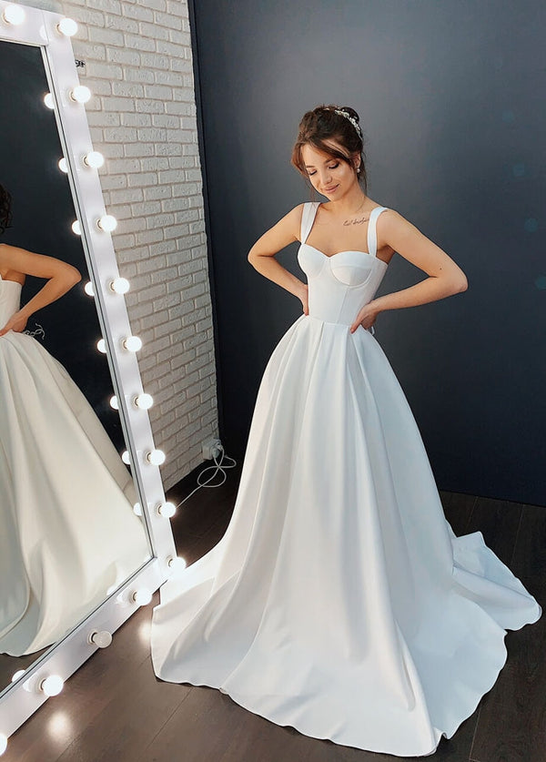 Luolandi A-line Off-the-Shoulder Sleeveless Satin Simple Bride Wedding Dress Sexy