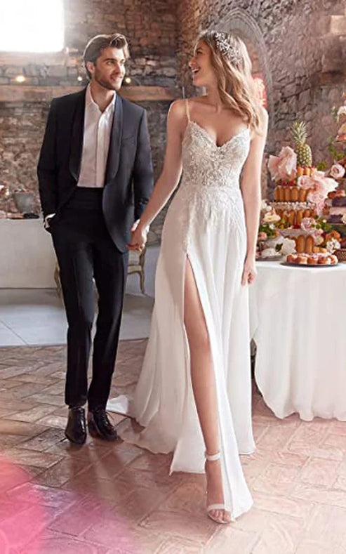 Luolandi A-Line Spaghetti Chiffon Wedding Dress Simple Bohemian Elegant Summer Beach Garden With Open Back And Sleevesless And Split