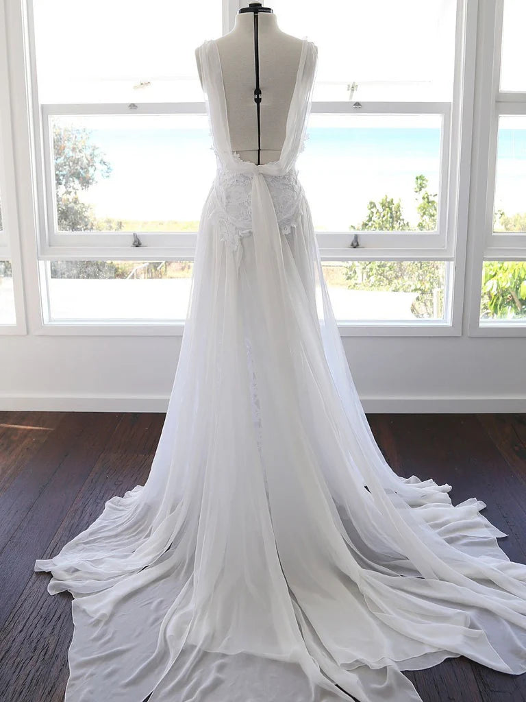 Luolandi A-line Spaghetti Strap Sweep Train Chiffon Lace Wedding Dresses Elegant Bridal Gowns