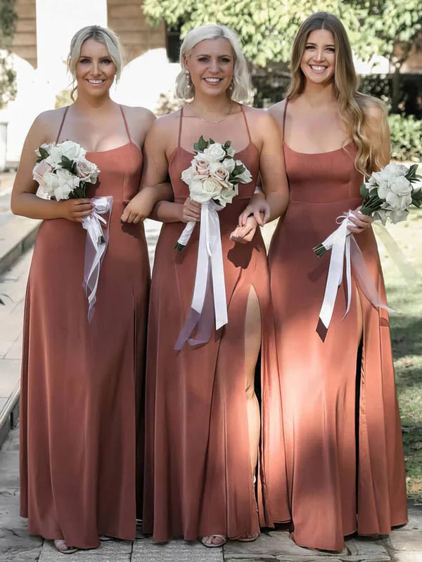 Luolandi Simple Criss-Cross Straps Back Bridesmaid Dress Party Dress With Slit Elegant Evening Dress