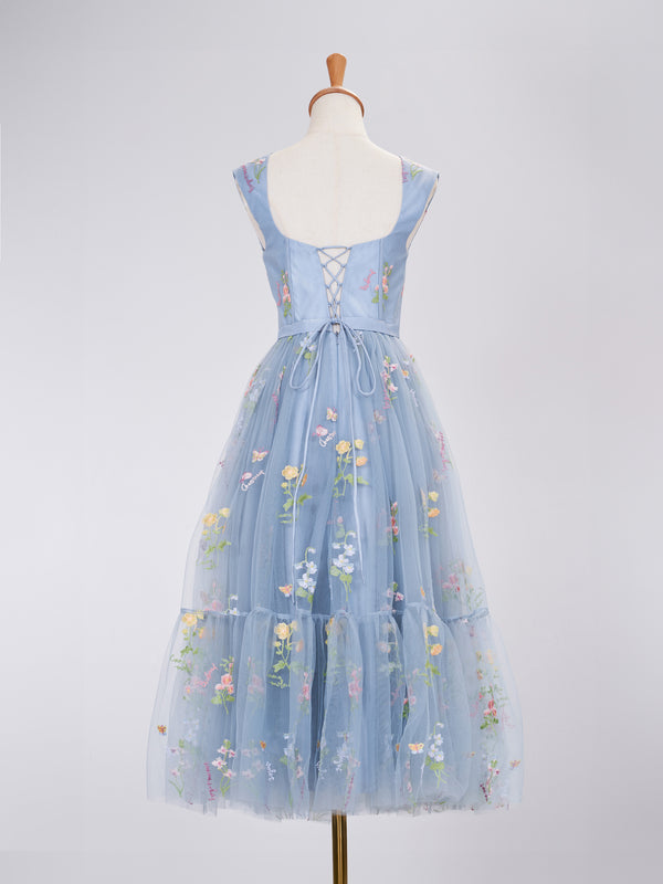 Luolandi A Line Sweetheart Dusty Blue Long Prom Dress with Embroidery Beautiful Flowers