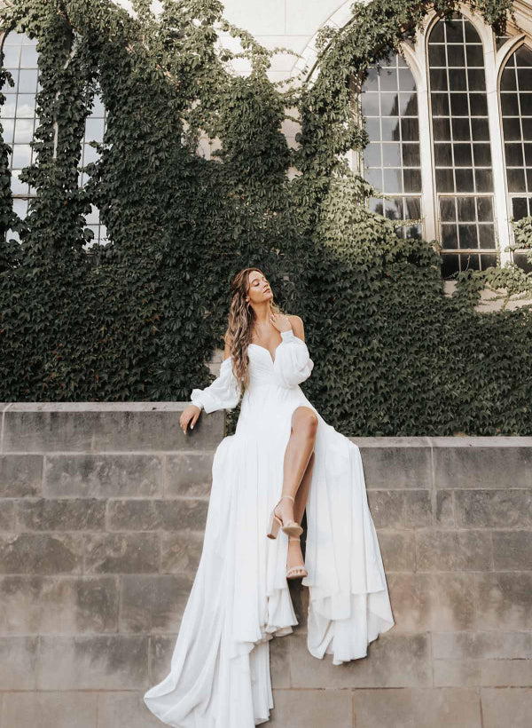 Luolandi A-Line Sweetheart Long Sleeves Chiffon Sweep Train Wedding Dress With Slit