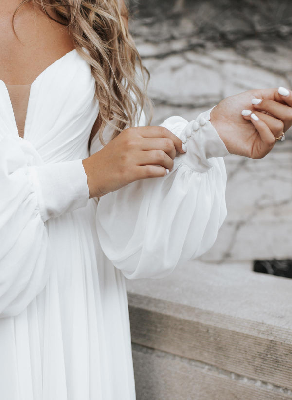 Luolandi A-Line Sweetheart Long Sleeves Chiffon Sweep Train Wedding Dress With Slit