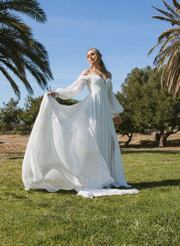 Luolandi A-Line Sweetheart Long Sleeves Chiffon Sweep Train Wedding Dress With Slit