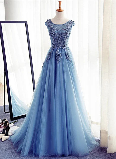 Luolandi Blue Round Neckline Long Applique Elegant Senior Formal Dress Long Party Gowns Prom Dress