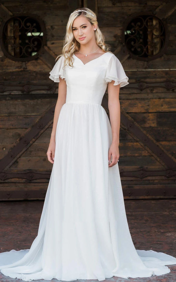 Luolandi A Line V-neck Chiffon Floor-length Brush Train Short Sleeve Wedding Dress with Ruffles
