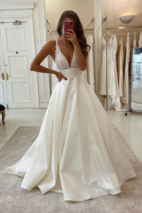 Luolandi A-Line V-neck Lace Appliques Satin Wedding Dress Bridal Gowns Floor Length Beautiful