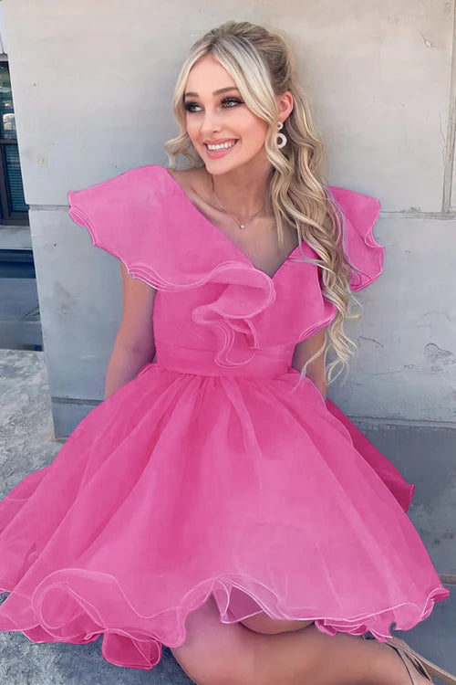 Luolandi A Line V Neck Organza Ruffles Homecoming Dress Solid Color Short Party Dress