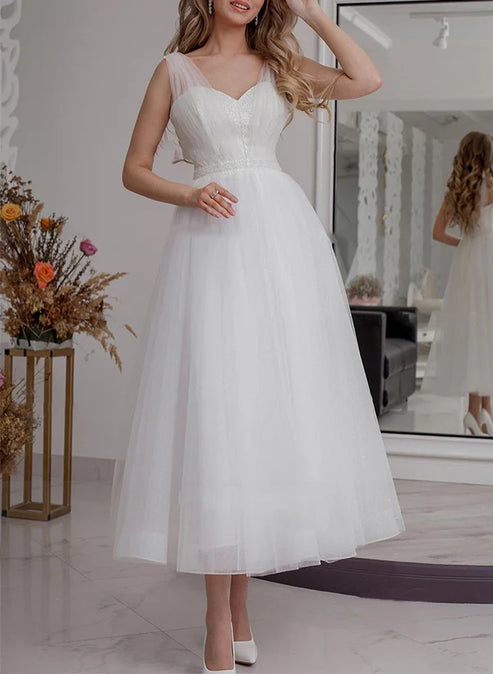 Luolandi A-Line V-Neck Sleeveless Ankle-Length Tulle Wedding Dresses Charming Bridal Gown