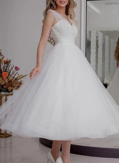 Luolandi A-Line V-Neck Sleeveless Ankle-Length Tulle Wedding Dresses Charming Bridal Gown