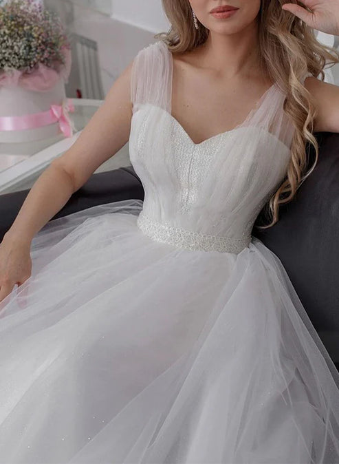 Luolandi A-Line V-Neck Sleeveless Ankle-Length Tulle Wedding Dresses Charming Bridal Gown