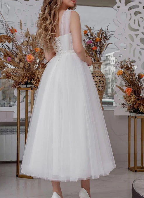 Luolandi A-Line V-Neck Sleeveless Ankle-Length Tulle Wedding Dresses Charming Bridal Gown