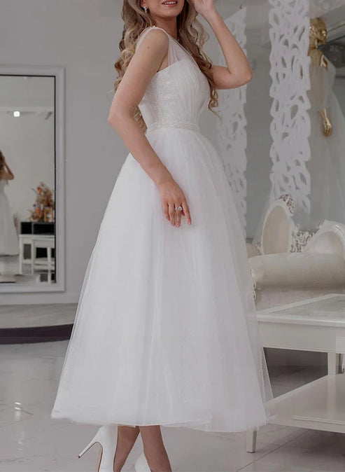 Luolandi A-Line V-Neck Sleeveless Ankle-Length Tulle Wedding Dresses Charming Bridal Gown