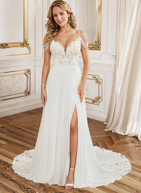 Luolandi A-Line V-Neck Sweep Train Wedding Dress With Lace Split Front Sexy
