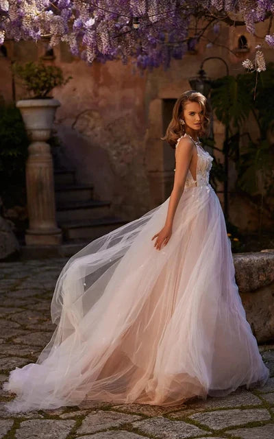 Luolandi A-Line V-neck Tulle Wedding Dress Sexy Beach Gown With Court Train And Lace Appliques Sexy