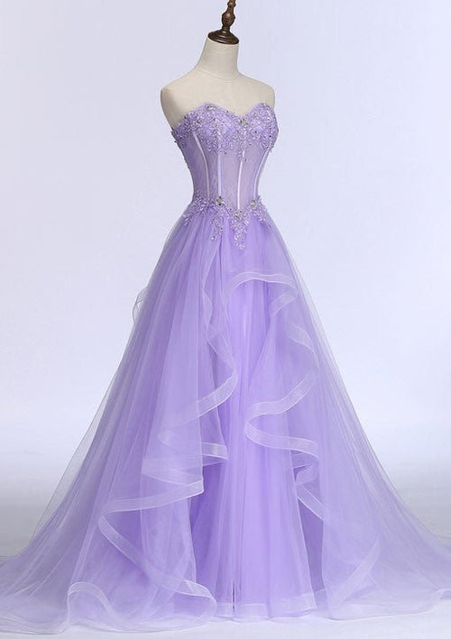 Luolandi A-line Sweetheart Sleeveless Sweep Train Tulle Prom Dress With Beading Appliqued Beautiful