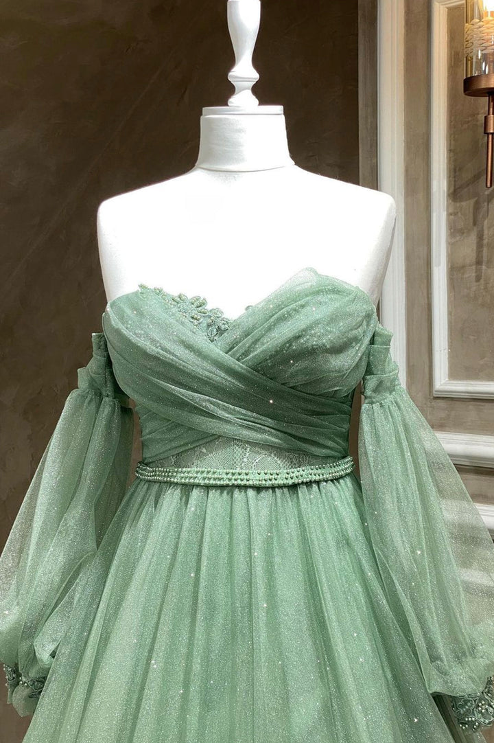 Luolandi Green Tulle Long Sleeve Prom Dress A-Line Off the Shoulder Evening Dress Sparkly