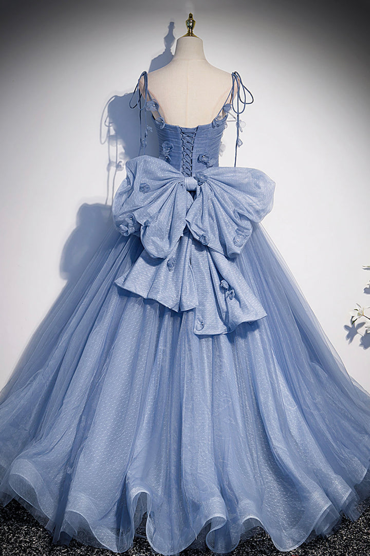 Luolandi Blue Spaghetti Strap Tulle Long Dress Evening Dress with Bow Floor Length