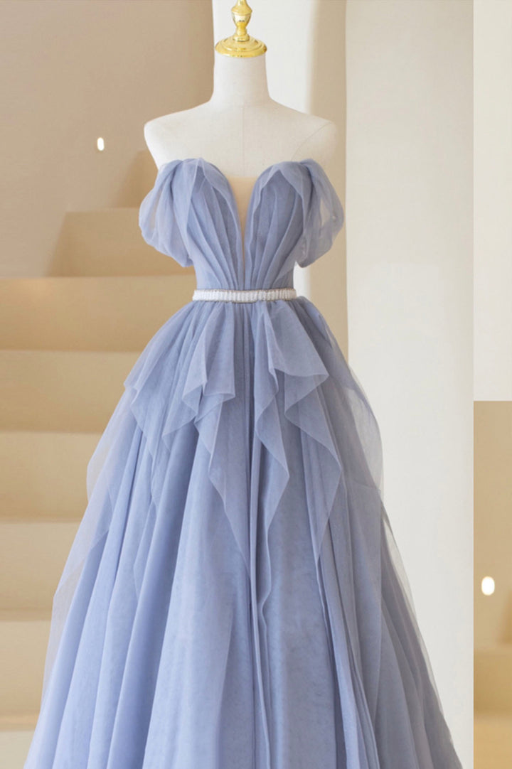 Luolandi Blue Off Shoulder Tulle Long Formal Dress A-Line Blue Evening Dress Beautiful