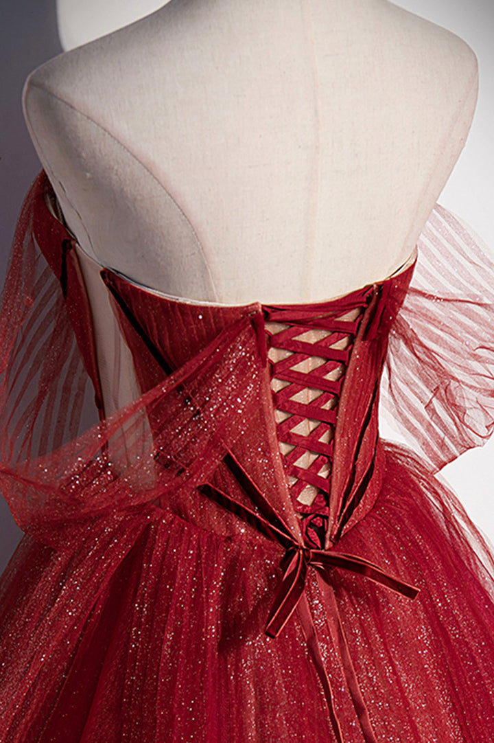 Luolandi Burgundy Sweetheart Neckline Tulle Long Prom Dress A-Line Evening Dress Off Shoulder