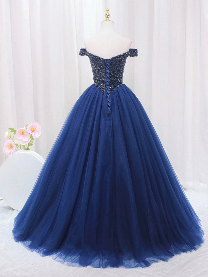 Luolandi Blue Tulle Beaded Long Prom Dress Off the Shoulder Evening Party Dress Sparkly