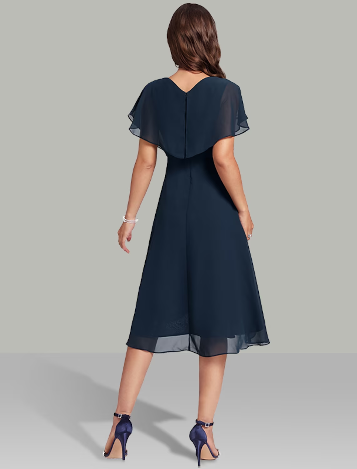 Luolandi A-Line Wedding Guest Dresses Elegant Dress Semi Formal Tea Length Short Sleeve V Neck Belt / Sash Chiffon