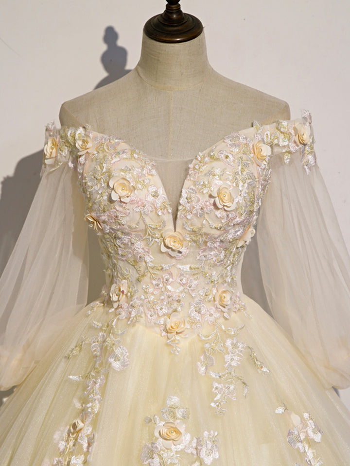 Luolandi Champagne Tulle Lace Long Prom Dress A-Line Off the Shoulder Long Sleeve Evening Dress With Flowers