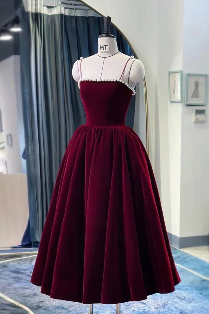 Luolandi Burgundy Velvet Short Prom Dress A-Line Party Dress with Pearls Evening Dresses