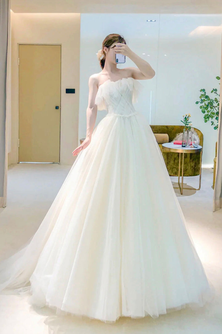 Luolandi Light Champange Tulle Long Prom Dress A-Line Evening Dress Wedding Dress
