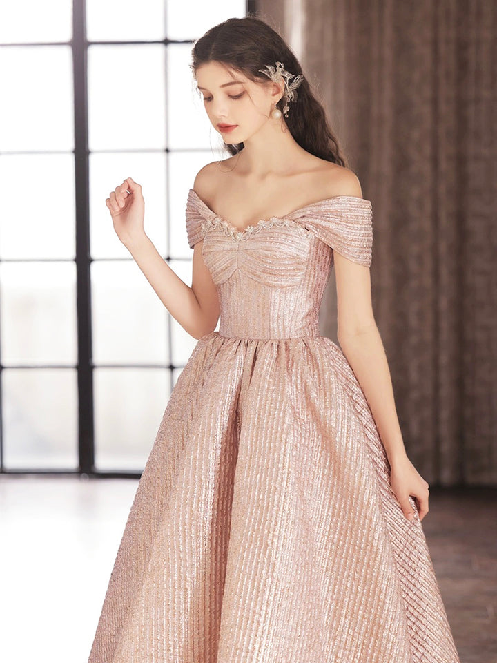 Luolandi Cute Satin Tea Length Prom Dress Off the Shoulder Pink A-Line Party Dress Beautiful