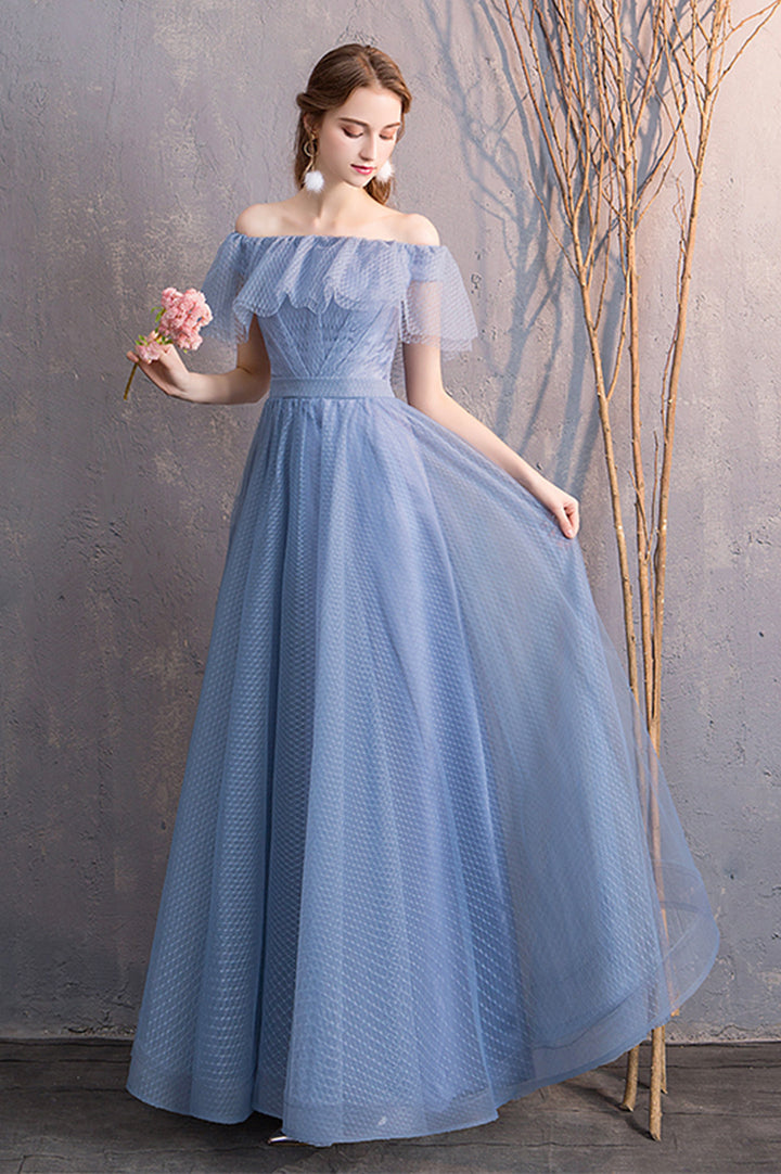 Luolandi Blue Tulle Long Prom Dresses, A-Line Bridesmaid Dresses Floor Length