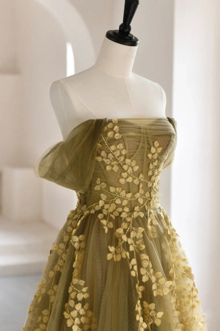 Luolandi Green Tulle Long Prom Dresses A-Line Off the Shoulder Evening Dresses Sexy