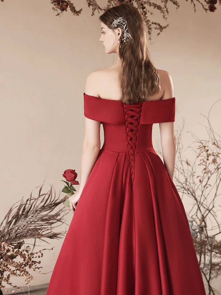 Luolandi Burgundy Satin Long Prom Dress Off the Shoulder Evening Party Dress Sexy