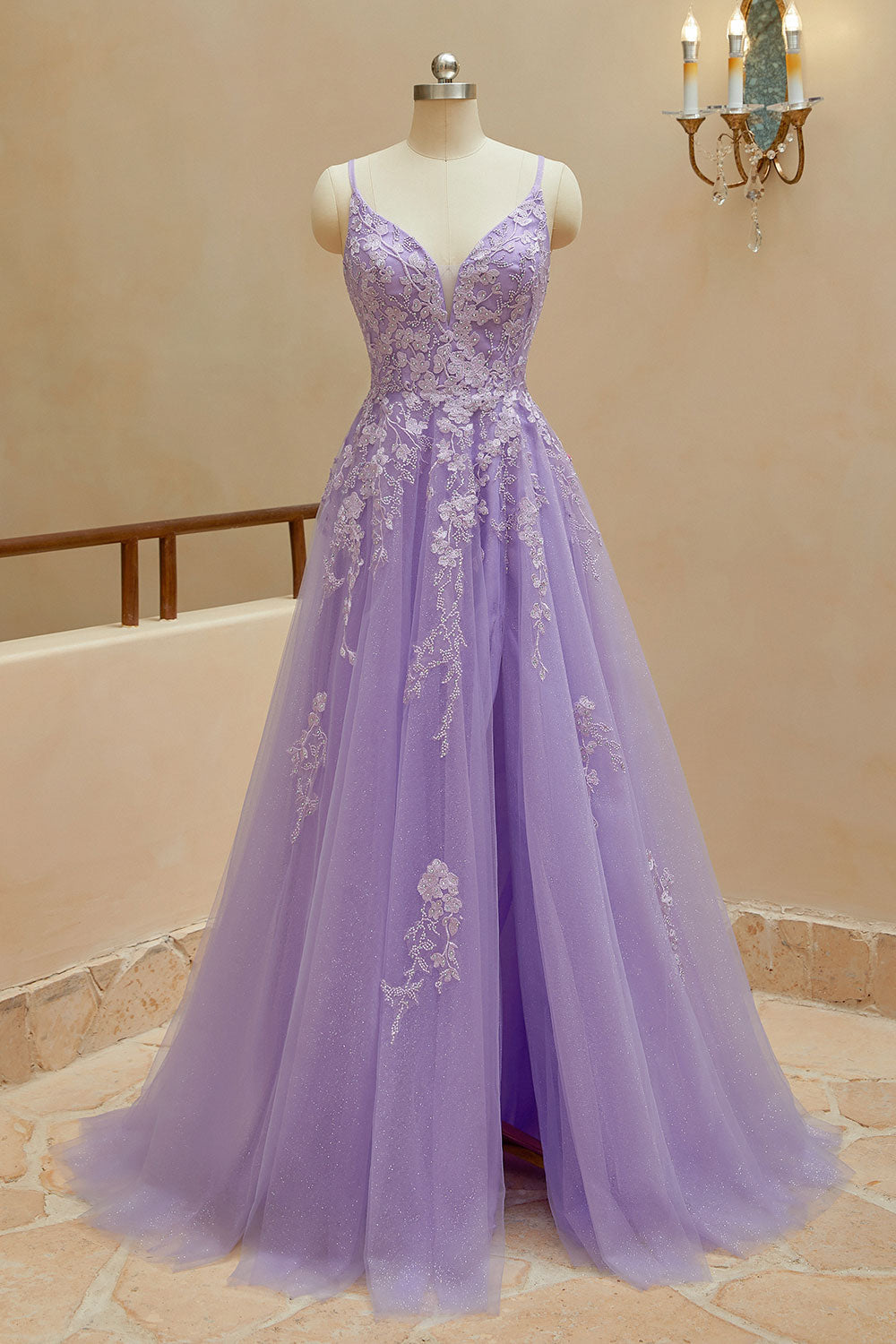 Luolandi Simple A Line Spaghetti Straps V Neck Tulle Slit Prom Dresses Wth Appliques Beautiful