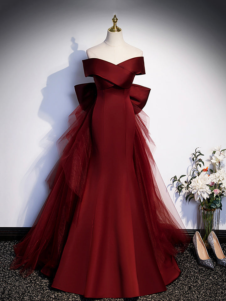 Luolandi Burgundy V-Neck Satin Long Prom Dress Mermaid Off Shoulder Evening Dress with Bow Beautiful