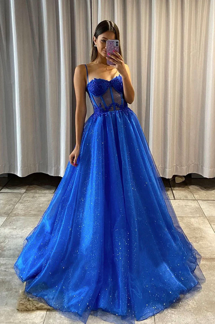 Luolandi Blue Tulle Lace Long Prom Dress Blue Spaghetti Straps Evening Dress Sparkly