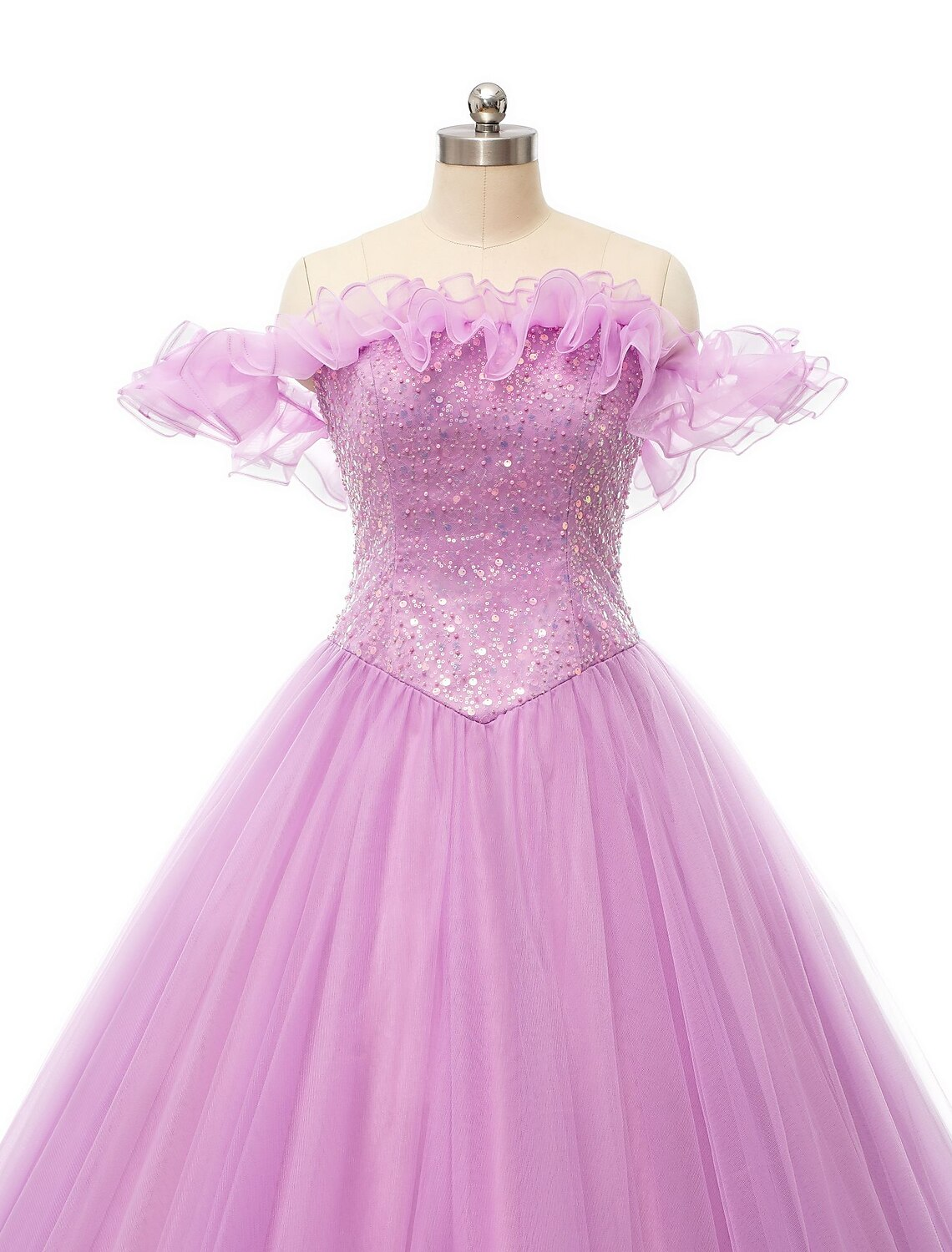 Luolandi Ball Gown Prom Dresses Puffy Dress Quinceanera Floor Length Sleeveless Off Shoulder Tulle with Pearls