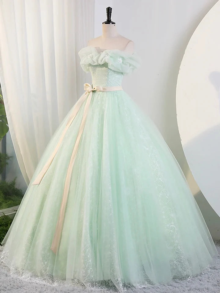Luolandi Beautiful Green Tulle Long Prom Dresses A-Line Off the Shoulder Evening Part Dresses Sexy