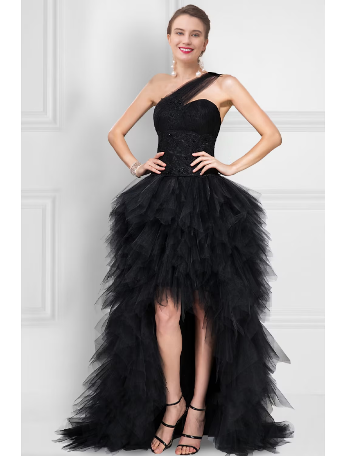 Luolandi Ball Gown Prom Dresses Black Dress Masquerade Asymmetrical Sleeveless One Shoulder Tulle Ladder Back with