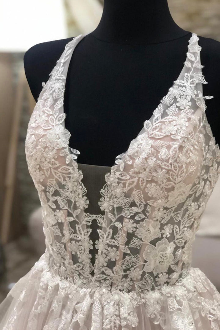 Luolandi A-Line Lace Long Prom Dresses V-Neck Formal Evening Dresses Wedding Dresses