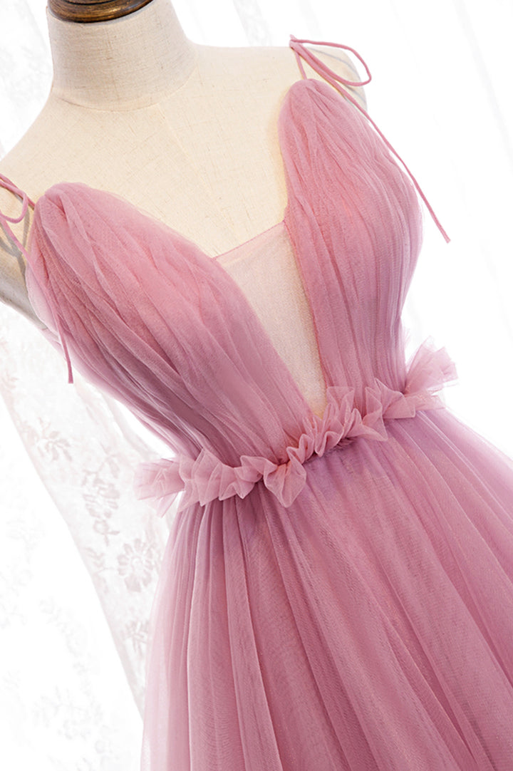 Luolandi Pink Tulle Long Prom Dresses A-Line Evening Party Dresses V-neck Sexy